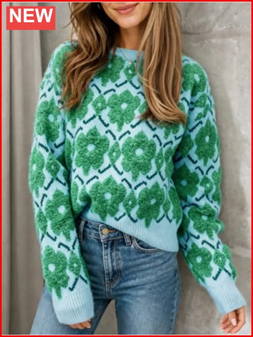 Oversized Floral Knit Pullover Sweater Crewneck Long Sleeve Women's